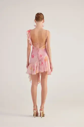 Asymmetric Cut Back Detailed Floral Gigi Dress Pink-Pink - 5