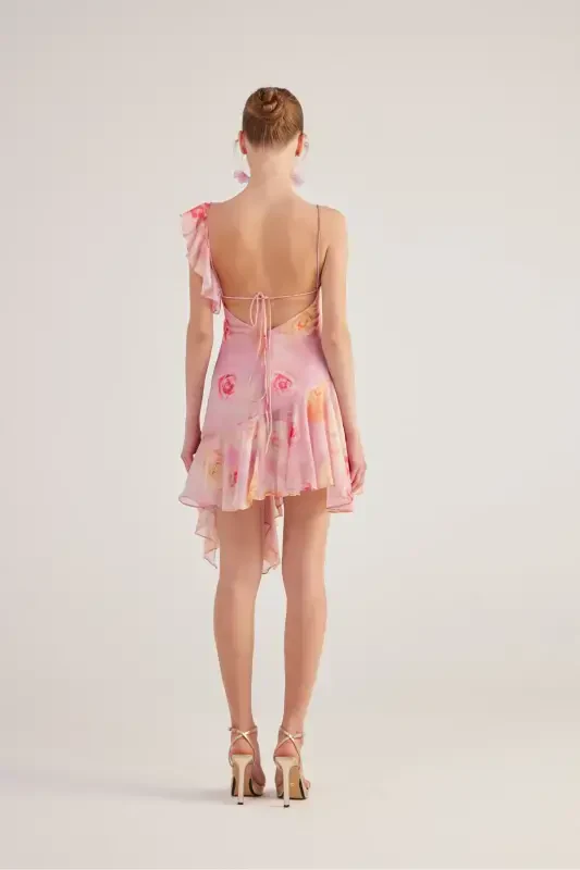 Asymmetric Cut Back Detailed Floral Gigi Dress Pink-Pink - 5