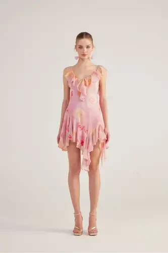 Asymmetric Cut Back Detailed Floral Gigi Dress Pink-Pink - 7