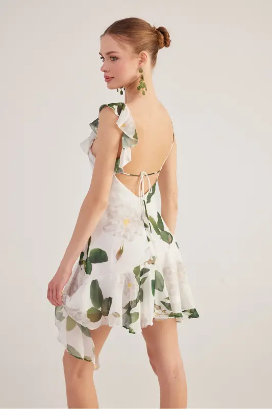 Asymmetric Cut Back Detailed Floral Gigi Dress White - 2