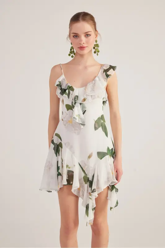 Asymmetric Cut Back Detailed Floral Gigi Dress White - 3