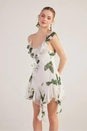 Asymmetric Cut Back Detailed Floral Gigi Dress White - 4