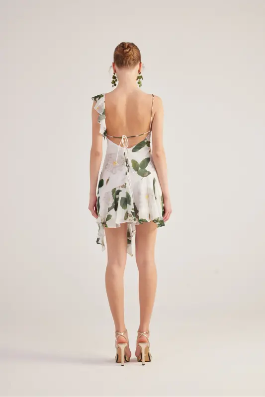 Asymmetric Cut Back Detailed Floral Gigi Dress White - 5