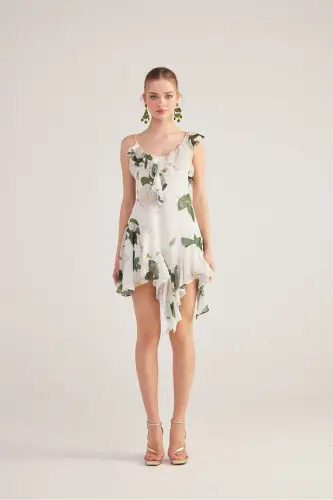 Asymmetric Cut Back Detailed Floral Gigi Dress White - 7