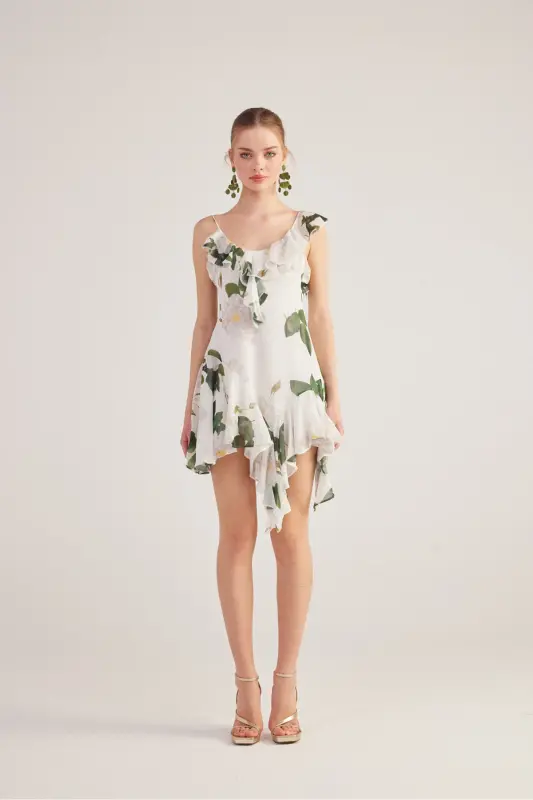 Asymmetric Cut Back Detailed Floral Gigi Dress White - 7