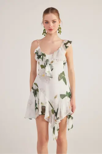 Asymmetric Cut Back Detailed Floral Gigi Dress White - 4
