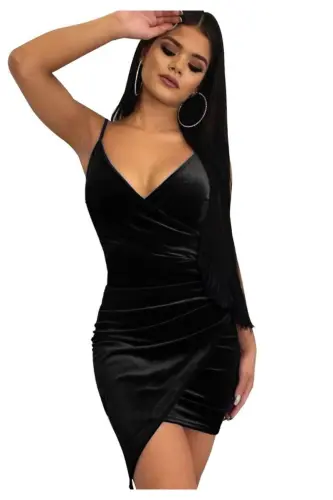 Asymmetric Cut Crossover Velvet Black Mini Strap Dress-BLACK 