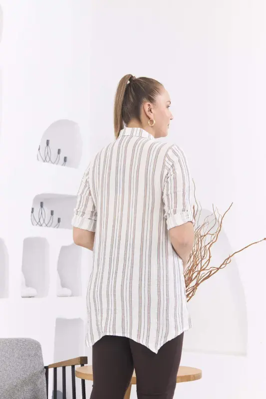 Asymmetric Cut Muslin Fabric Striped Plus Size Mink Tunic - 7