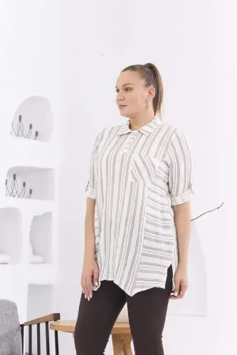 Asymmetric Cut Muslin Fabric Striped Plus Size Mink Tunic - 3