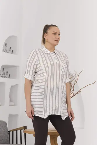 Asymmetric Cut Muslin Fabric Striped Plus Size Mink Tunic - 4