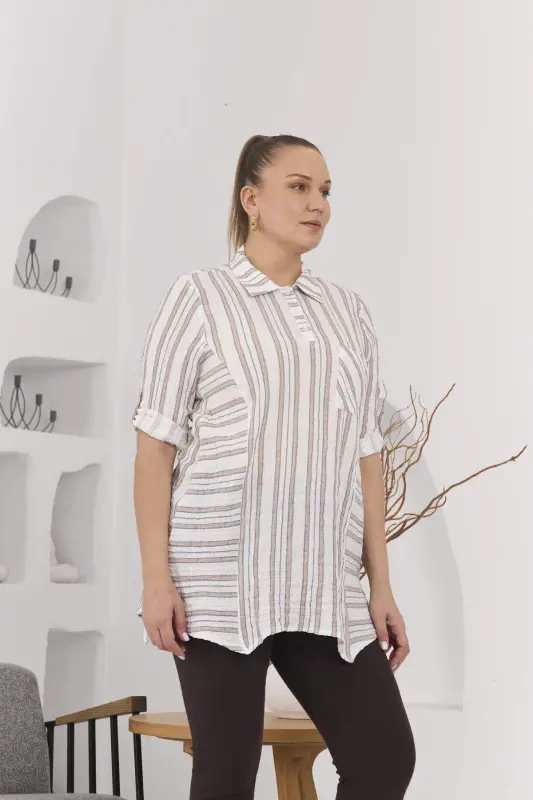 Asymmetric Cut Muslin Fabric Striped Plus Size Mink Tunic - 4