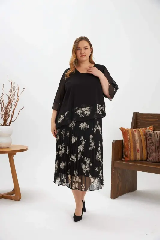 Asymmetric Cut Pleated Plus Size Chiffon Dress Black - BÜYÜKBEDENIZ