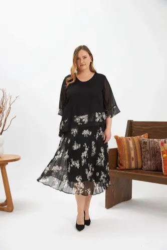 Asymmetric Cut Pleated Plus Size Chiffon Dress Black - 4