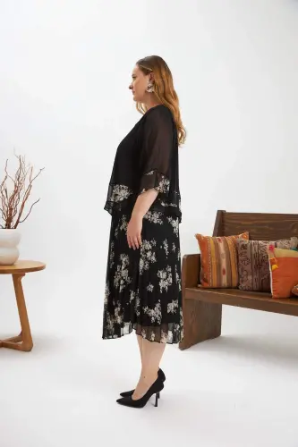 Asymmetric Cut Pleated Plus Size Chiffon Dress Black - 5