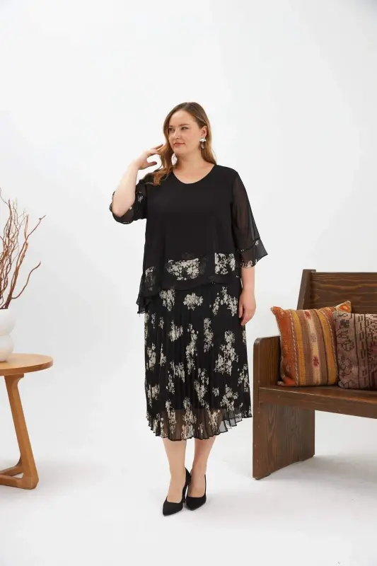 Asymmetric Cut Pleated Plus Size Chiffon Dress Black - 6