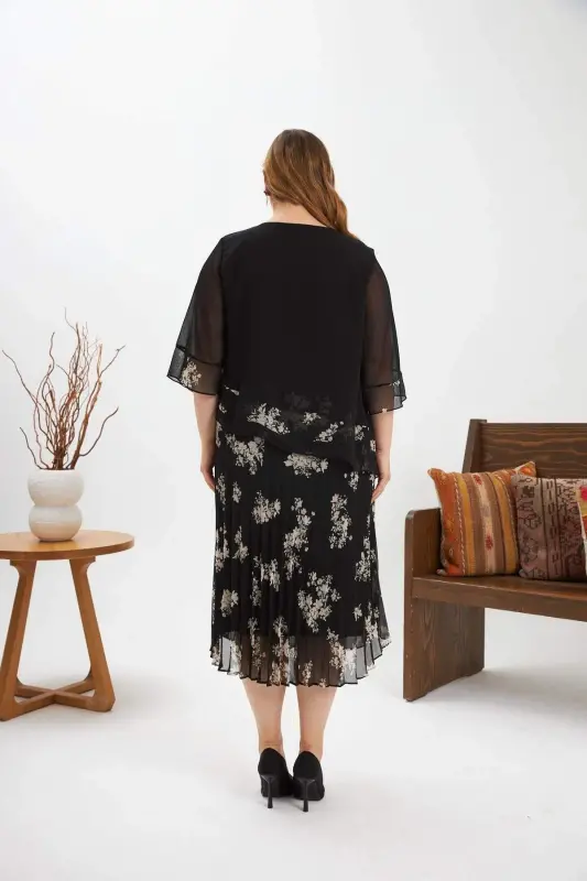 Asymmetric Cut Pleated Plus Size Chiffon Dress Black - 7