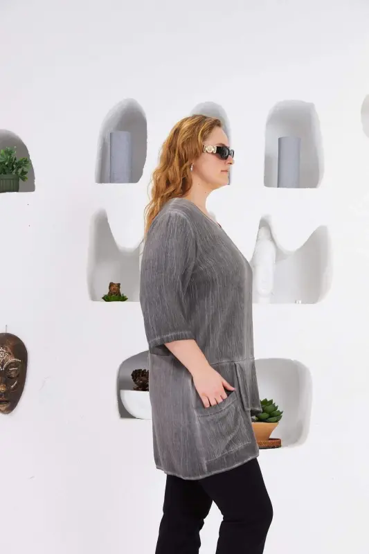 Asymmetric Cut Pocket Detail Plus Size Blouse Charcoal - 7