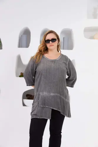 Asymmetric Cut Pocket Detail Plus Size Blouse Charcoal - 1