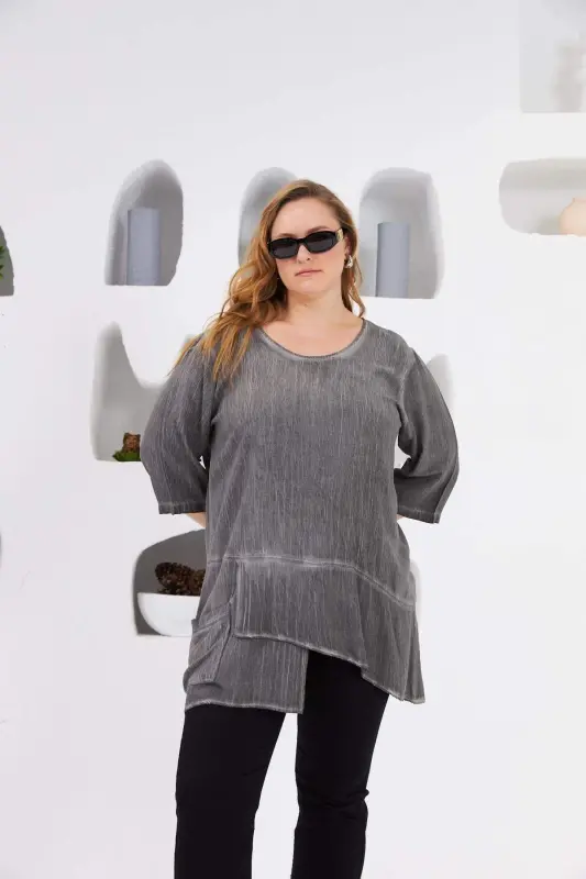Asymmetric Cut Pocket Detail Plus Size Blouse Charcoal - 1