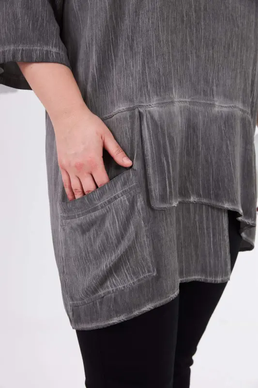 Asymmetric Cut Pocket Detail Plus Size Blouse Charcoal - 2