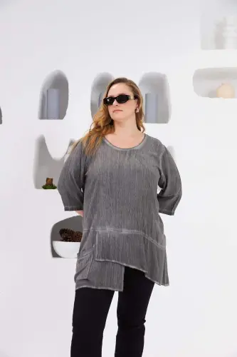 Asymmetric Cut Pocket Detail Plus Size Blouse Charcoal - 4