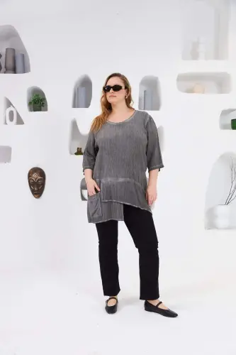 Asymmetric Cut Pocket Detail Plus Size Blouse Charcoal - 5