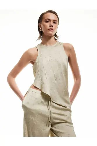 Asymmetric Cut Textured Sleeveless Halter Neck Satin Blouse - 1