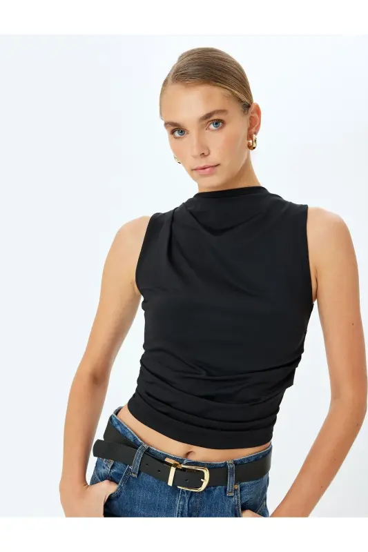 Asymmetric Lightweight Mock Neck Draped Slim Fit Sleeveless Blouse - 2