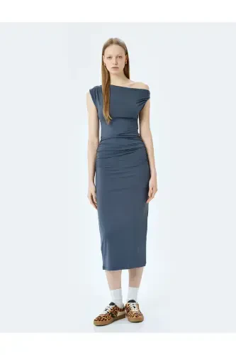 Asymmetric Neckline Off-Shoulder Short Sleeve Draped Viscose Midi Dress - KOTON (1)