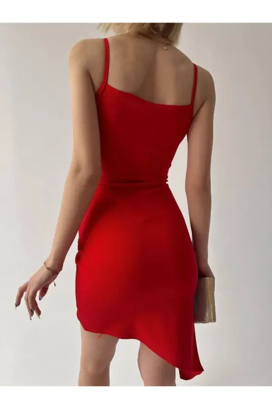 Asymmetrical Cut Crossover Neck Mini Strappy Scuba Crepe Dress Red 582047-red crepe - 4
