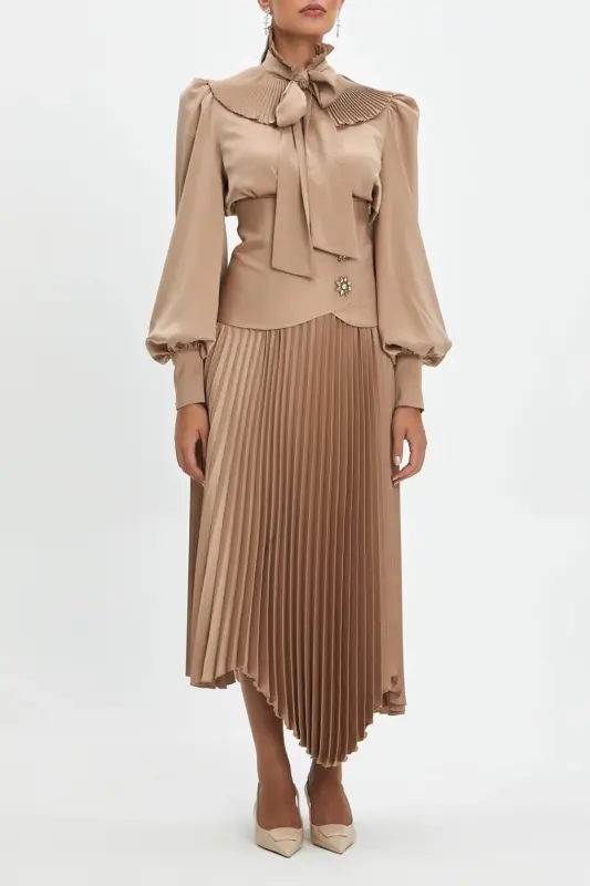 Asymmetrical Cut Pleated Corset-Style Camel Skirt with Stone Detail 38985 - 1