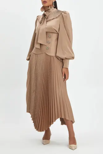 Asymmetrical Cut Pleated Corset-Style Camel Skirt with Stone Detail 38985 - SERPİL (1)