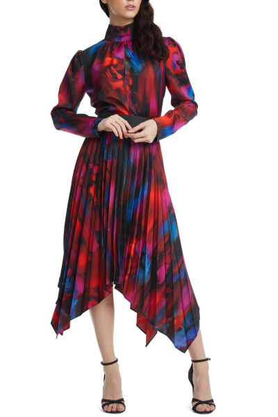 Asymmetrical Cut Pleated Skirt with Leather Belt Detail Patterned Midi Length Red Dress 39065 - SERPIL