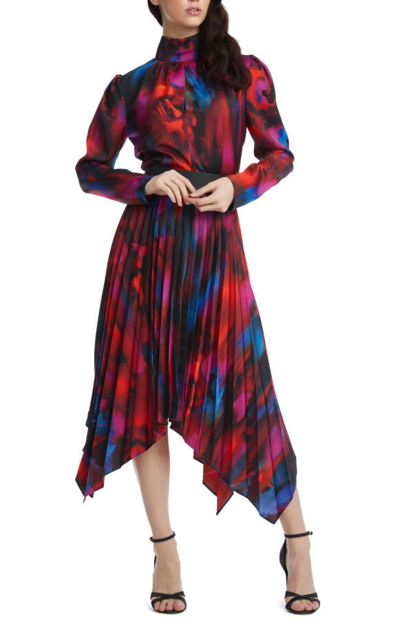 Asymmetrical Cut Pleated Skirt with Leather Belt Detail Patterned Midi Length Red Dress 39065 - 1