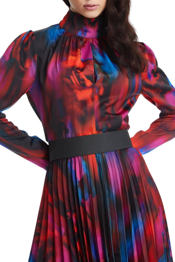 Asymmetrical Cut Pleated Skirt with Leather Belt Detail Patterned Midi Length Red Dress 39065 - 3