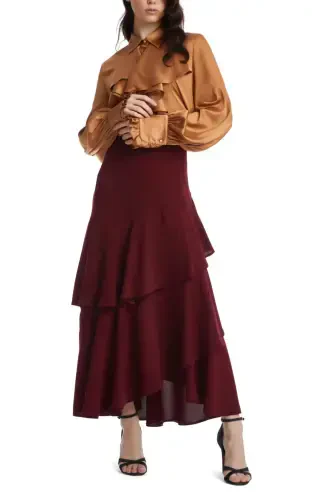 Asymmetrical Layered Midi Length A-Line Cut Bohemian Burgundy Skirt 39031 - 1