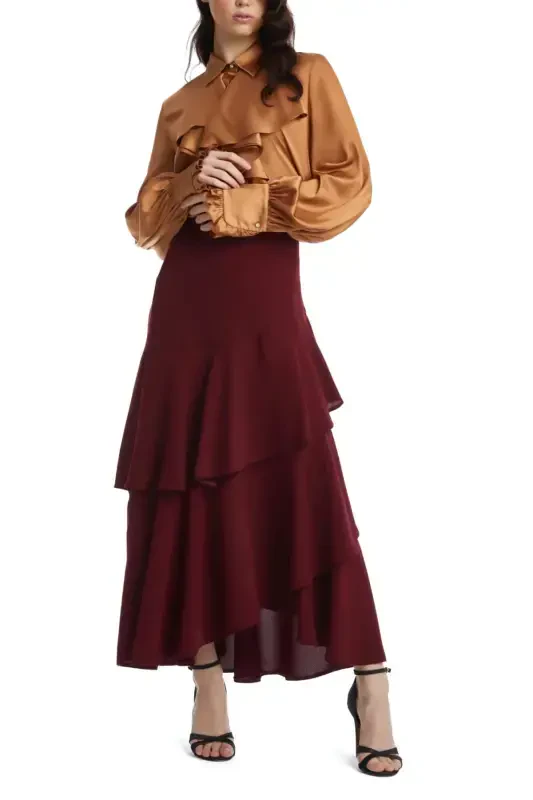 Asymmetrical Layered Midi Length A-Line Cut Bohemian Burgundy Skirt 39031 - 1