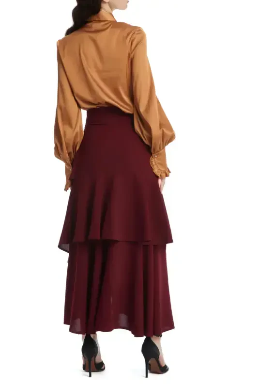 Asymmetrical Layered Midi Length A-Line Cut Bohemian Burgundy Skirt 39031 - 3