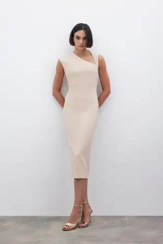 Asymmetrical Midi Dress - BEIGE-BEIGE - 3