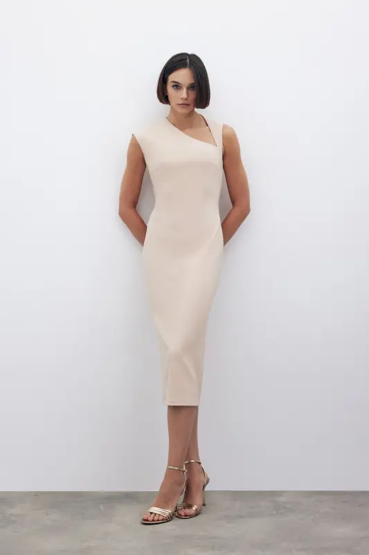 Asymmetrical Midi Dress - BEIGE-BEIGE - 3