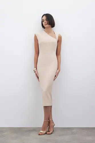 Asymmetrical Midi Dress - BEIGE-BEIGE - 5