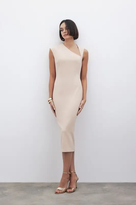 Asymmetrical Midi Dress - BEIGE-BEIGE - 5
