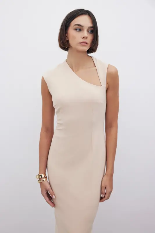 Asymmetrical Midi Dress - BEIGE-BEIGE - 6