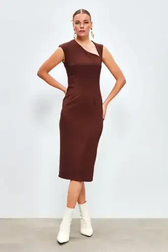 Asymmetrical Midi Dress - Coffee - 1