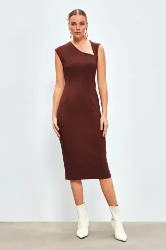 Asymmetrical Midi Dress - Coffee - SATEEN (1)
