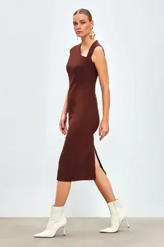 Asymmetrical Midi Dress - Coffee - 3