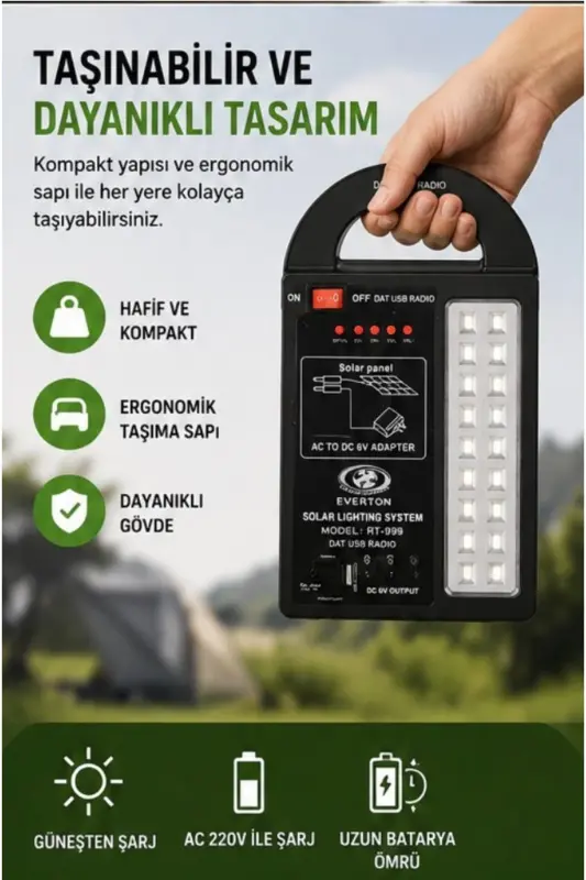 At-999 Quyosh energiyasi bilan ishlaydigan quyosh paneli yoritish tizimi Powerbank+usb chiqishi+ 3 ta lampochka lampasi lager pikniki - 6