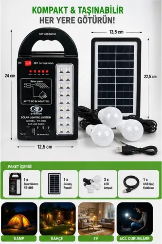 At-999 Solar Panel Lighting System with Powerbank+usb Output+ 3 Bulb Lamps Camping Picnic - 8