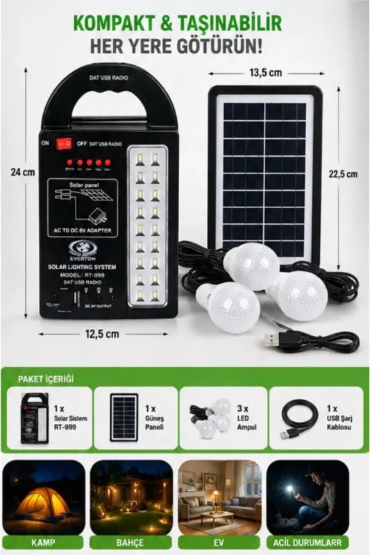 At-999 Solar Panel Lighting System with Powerbank+usb Output+ 3 Bulb Lamps Camping Picnic - 8