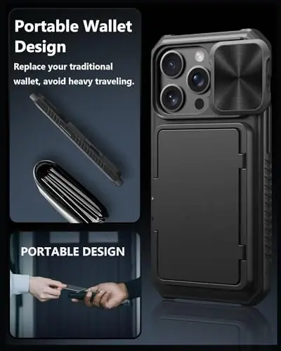ATATOO для чехла iPhone 15 Pro, кошелек, встроенный держатель карт (хранит 4-5 карт) и сдвижная крышка камеры, подставка, военная защита, прочный силиконовый чехол для 15 Pro 6.1